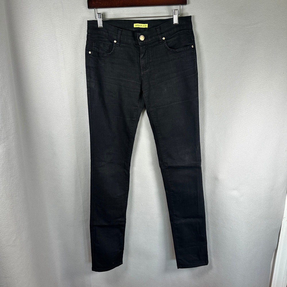 Versace Jeans Women 28 Black Skinny Denim Y2K Luxury Gold Hardware